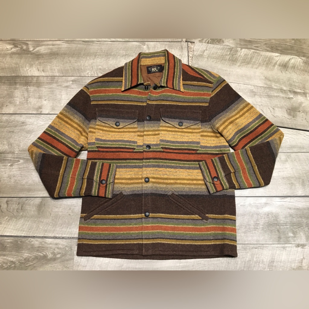 Rrl Double Rl Striped Blanket Double Flap Workshirt Wool Sweater Mens Size Small